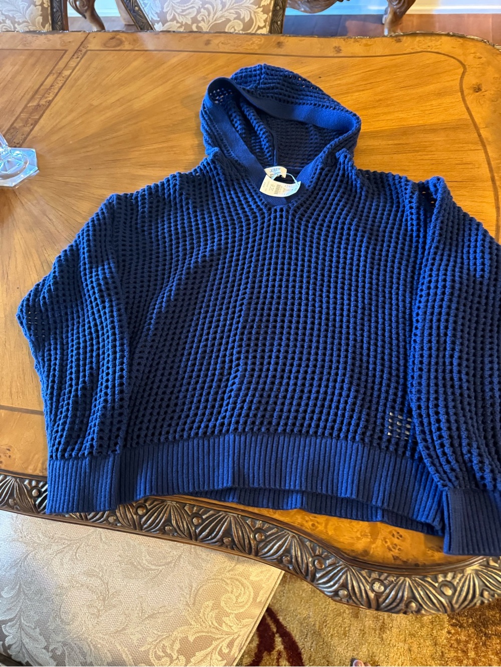 J. Crew Navy Blue Open-Stitch Waffle-Knit Hooded Sweater